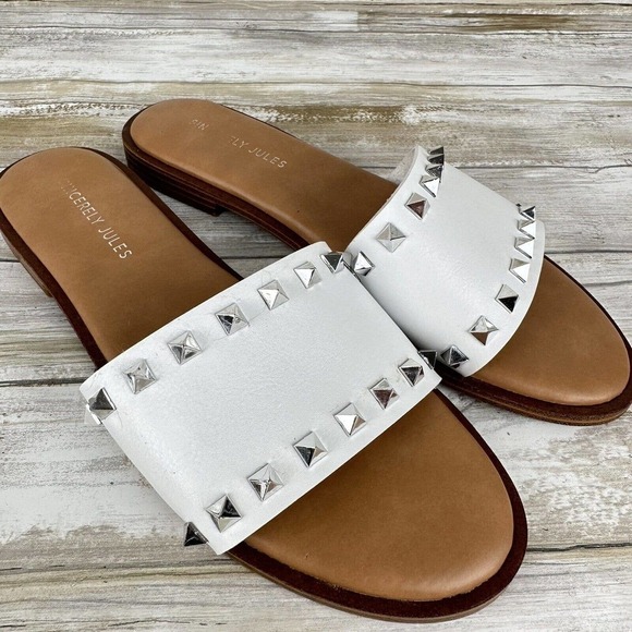 Sincerely Jules Tyler Studded Wide Strap Slide Sandals Size‎ 9 White Silver - Picture 7 of 10